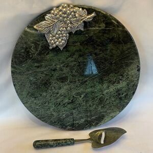 VINTAGE! PIER 1 IMPORTS GREEN MARBLE STONE CHEESE CHARCUTERIE BOARD TRAY & KNIFE